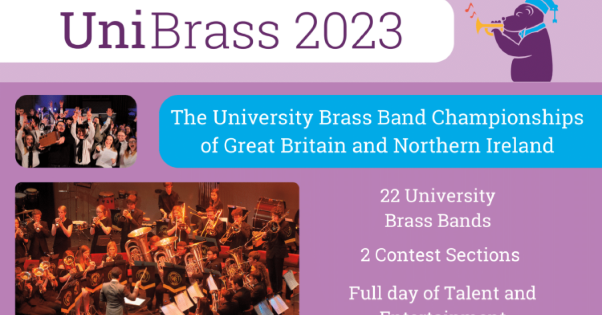 UniBrass 2023 advert featuring information about the contest and images of brass bands performing