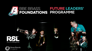 Brass Foundations Future Leaders programme, children playing brass instruments with teacher looking over